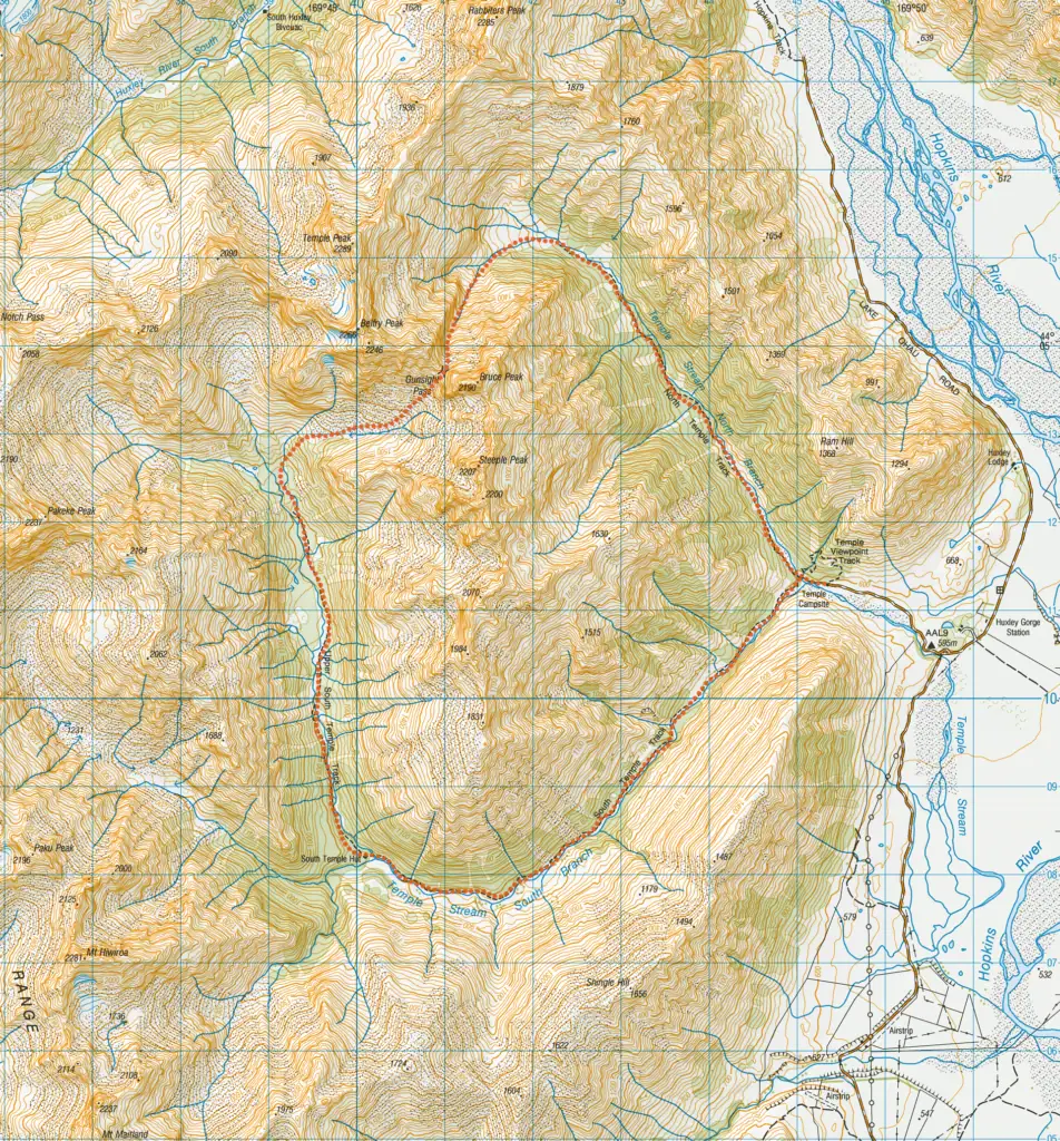 Topographic map showing the 25km tramping loop route through North Temple Track, over Gunsight Pass, and down the South Temple Track, in Ruataniwha Conservation Park