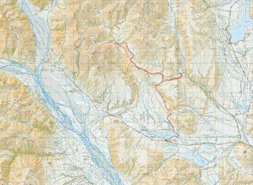 Topographic route map of the Mt Potts tramping loop in Hakatere Conservation Park, showing the track starting from Lake Clearwater via the Dogs Range to Potts Hut & Boundary Creek Hut