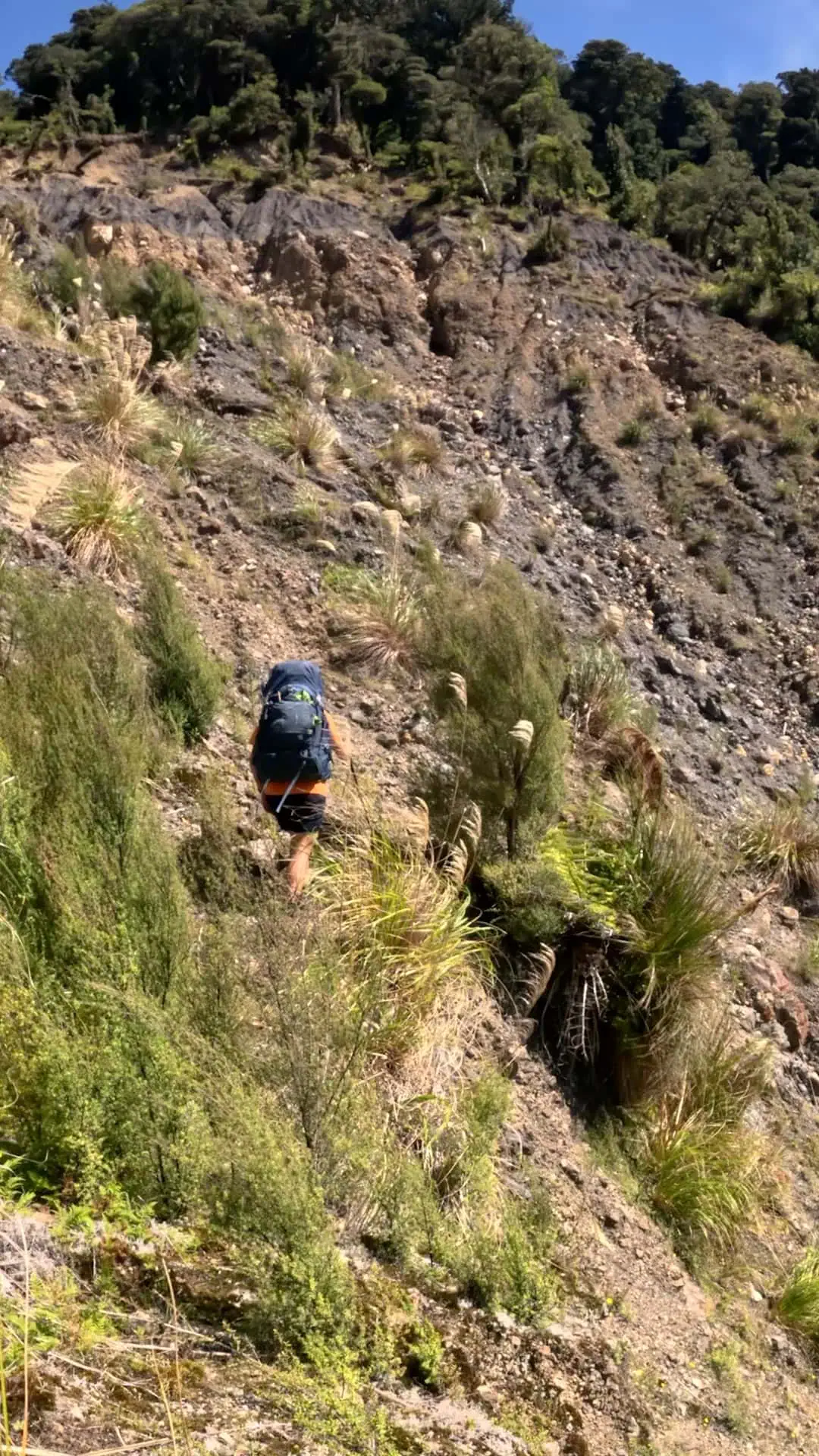 Hiker walking across the active slip on the Waiohine Gorge Track showing the steepness and loose rock of the slip.