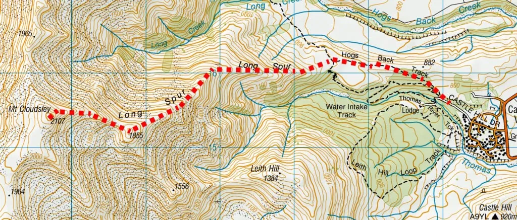A topographic route map showing the tramping track from Castle Hill Drive along the Hogs Back Track and up Long Spur to the summit of Mt Cloudsley, Craigieburn Forest Park, Canterbury
