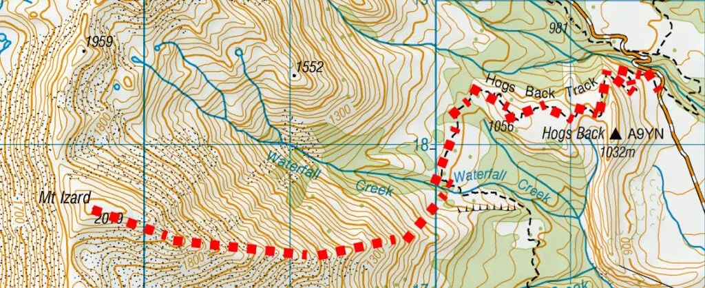 A topographic route map detailing the alpine approach branching off the Hogs Back Track at Waterfall Creek and climbing the spur to Mt Izard in Craigieburn Forest Park, Canterbury.