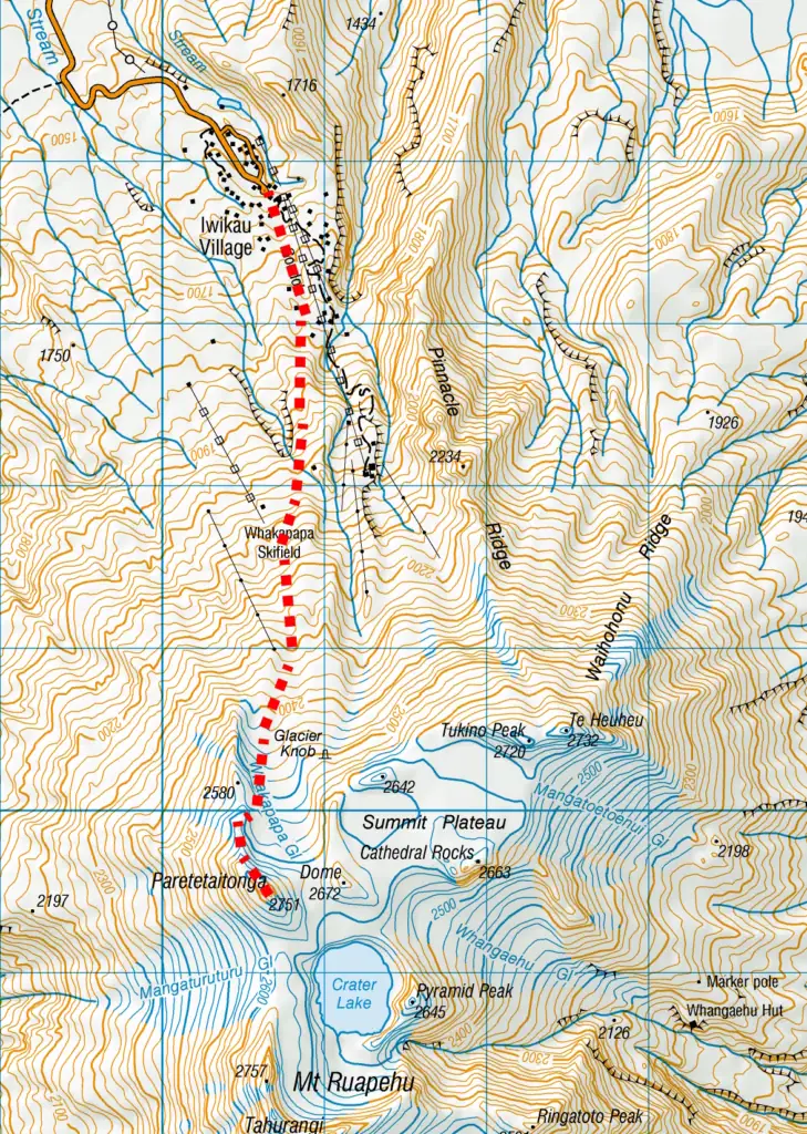 Topographic map of Mt Ruapehu showing the climbing route from Iwikau Village and Whakapapa Skifield, passing Glacier Knob and Whakapapa Glacier to reach the summit of Paretetaitonga