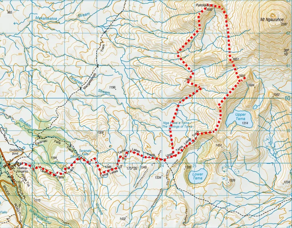 A topographical map of the Tongariro National Park area, showing a highlighted red dotted route for the off-track hike to Ngā Puna a Tama (Springs of Tama), Upper Tama Lake, and the summit of Pukekaikiore.