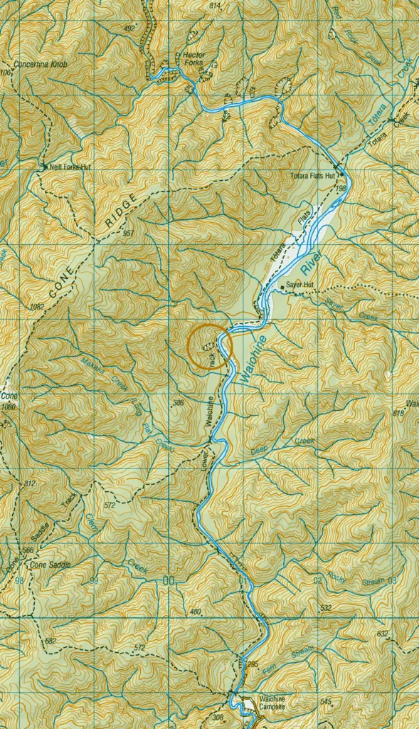 Topo map showing the location of the slip on the Waiohine Gorge Track as noted in DOC warning