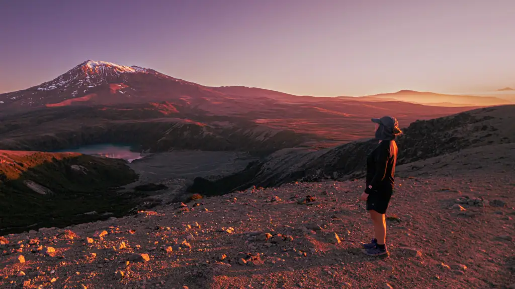 A hiker looking out across the alpine basin of Tama Lakes toward a snow-capped Mt Ruapehu glowing under a pink and orange sunset sky in Tongariro National Park.