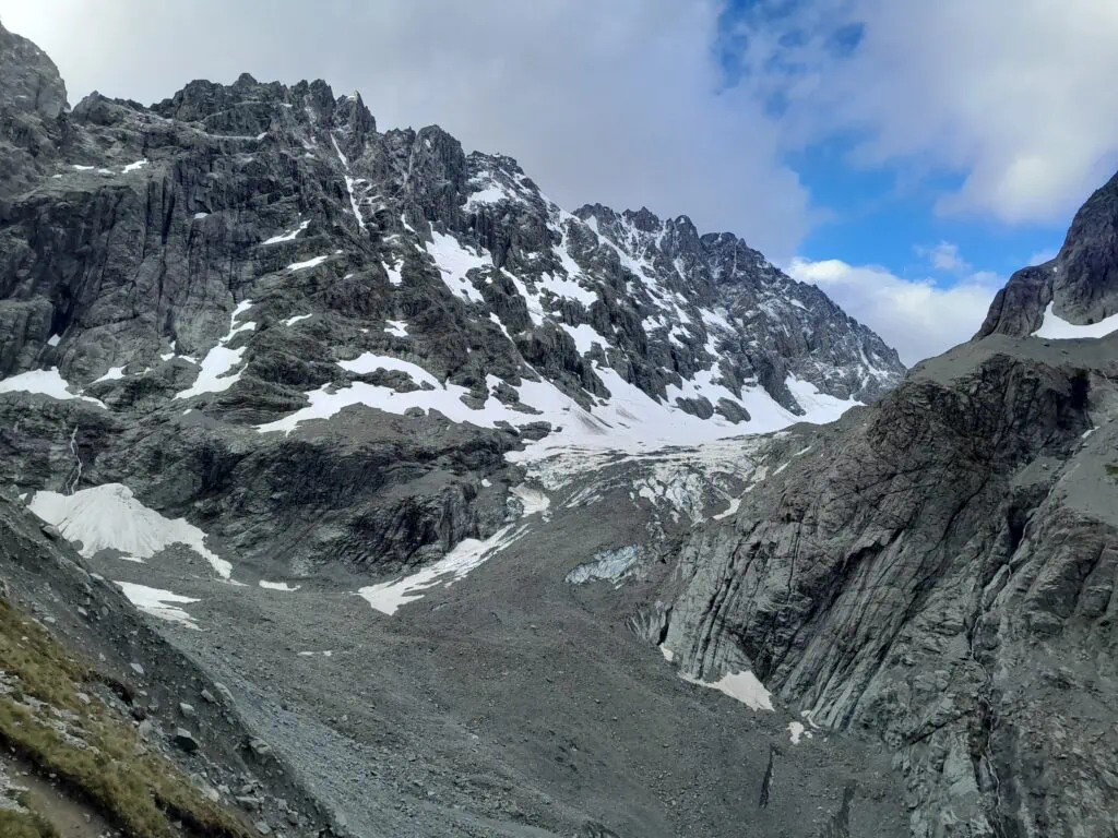 The receding Cameron Glacier with its moraine wall at the head at the Cameron Valley above Cameron Hut, Hakatere Conservation Park, Canterbury