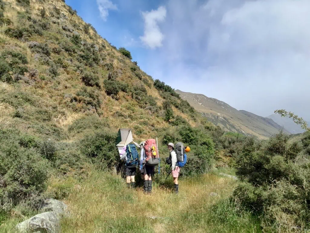 A group of four trampers with large multi-day packs gathered around a metal box containing the intentions book at the start of the Cameron Hut Route, Hakatere Conservation Park, Canterbury