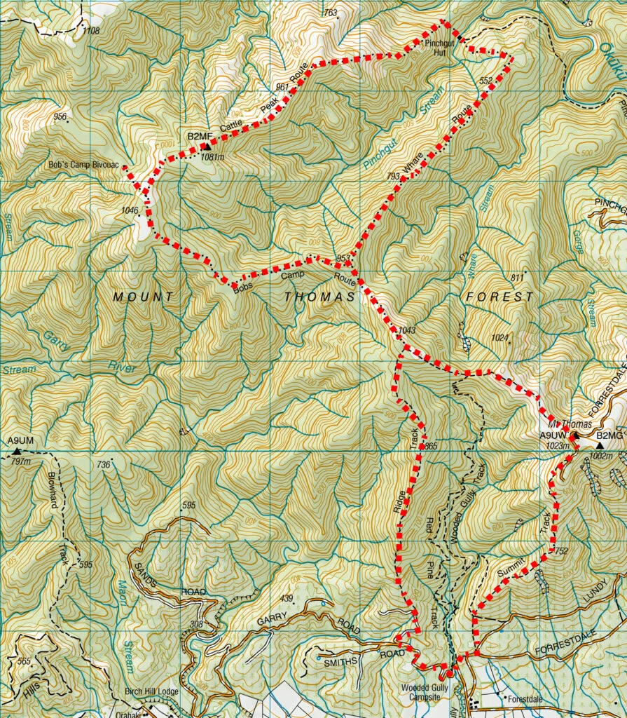 Topographical map showing the route up the Summit Track to Mt Thomas, along the Ridgeline track & hare Track to Pinchgut Hut, the Cattle Peak Route to Bob's Camp Bivvy, out on the Bob's Camp Bivvy Route & Ridgeline Track to wooded Gully, Mt Thomas Conservation Area, Canterbury Foothills