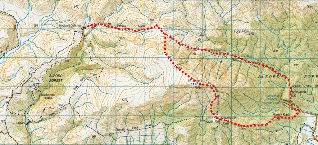 Topographic map showing the Mt Somers Summit route from Sharplin Falls carpark and over the summer and down via Te Kiekie route, to woolshed Creek Hut & Pinnacles Hut via the Mt Somers track, Hakatere Conservation Park, Canterbury