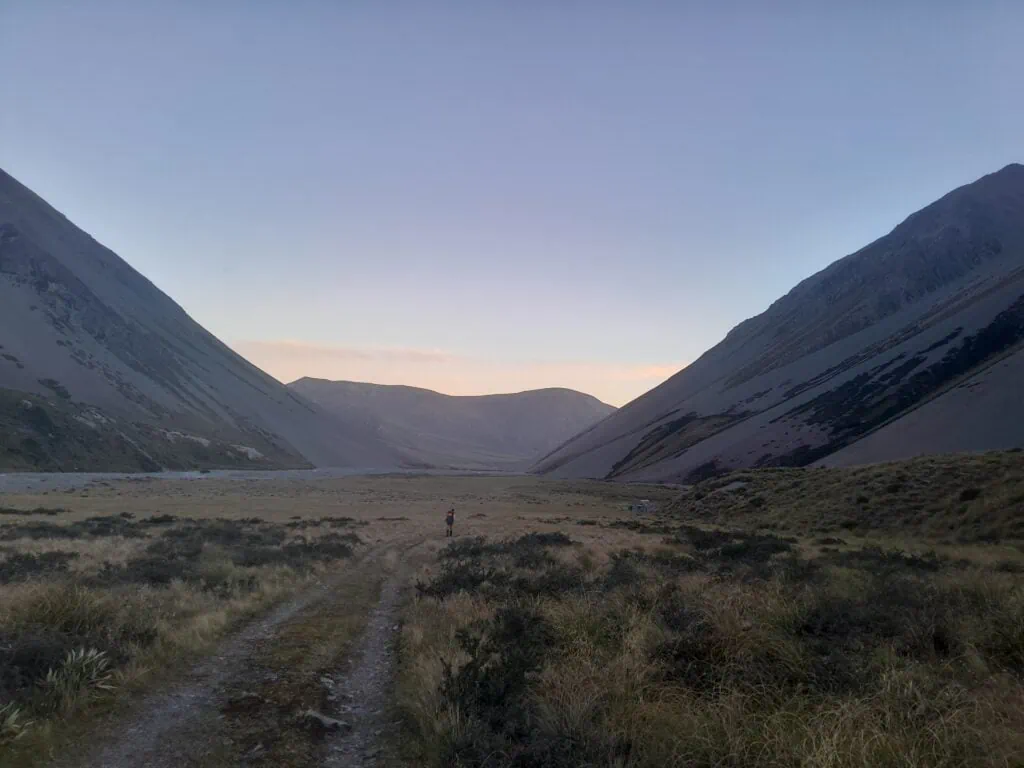 Hikers walking towards Top Hut on a 4wd track amongst tussock next to the South Branch Ashburton River at dusk, Hakatere Conservation Park, Canterbury