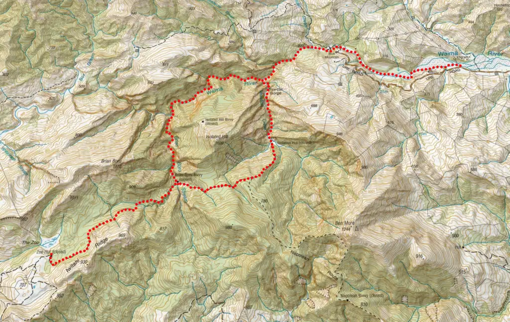 Topographic map showing the route through Sawcut Gorge-Isolation Hut-Zoo-hut-Wāima Gorge in Isolated Hill Reserve in the Seaward Kaikōura Range