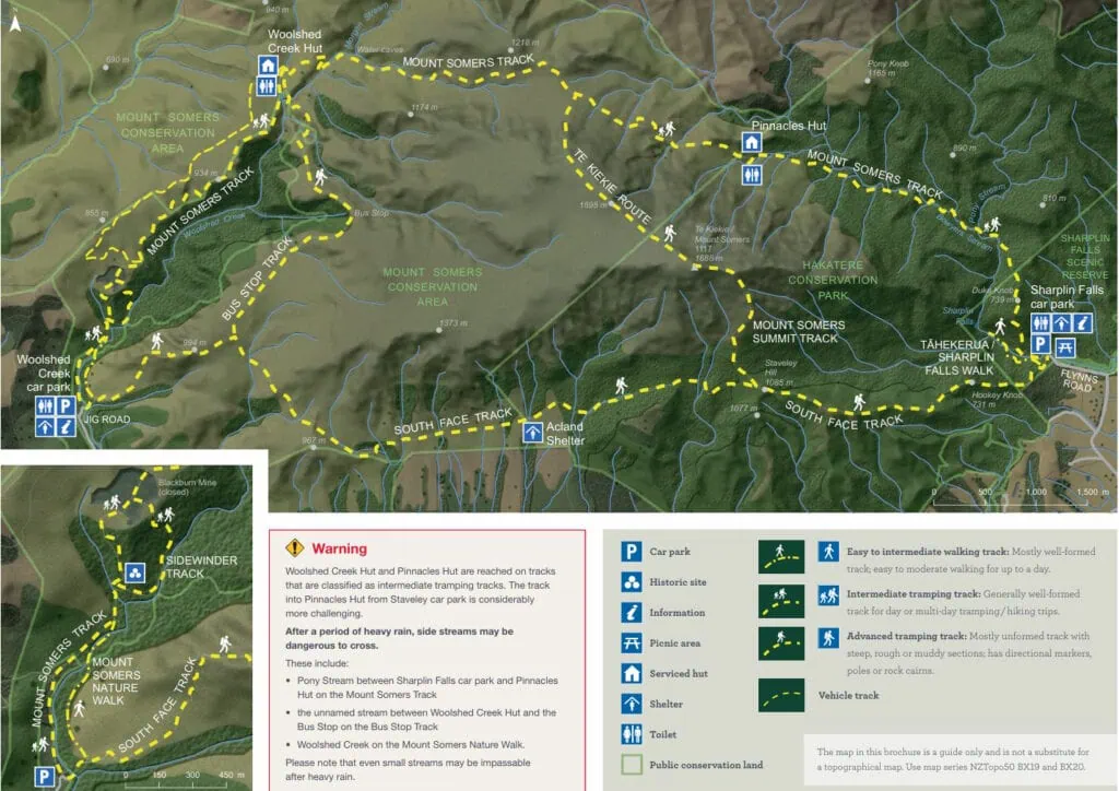 Department of Conservation map showing all the different tracks around Mt Somers, Hakatere Conservation Park, Canterbury