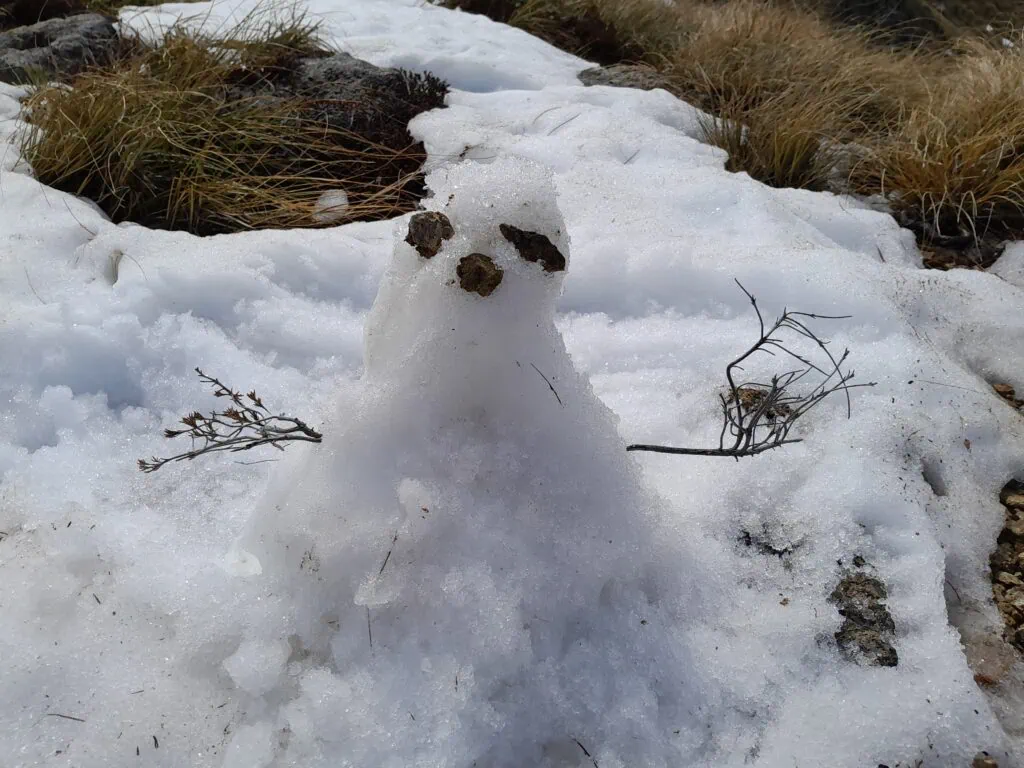 A small, creative snowperson built on a patch of snow on the climb up the Mt Somers Summit track, Hakatere Conservation Area, Canterbury