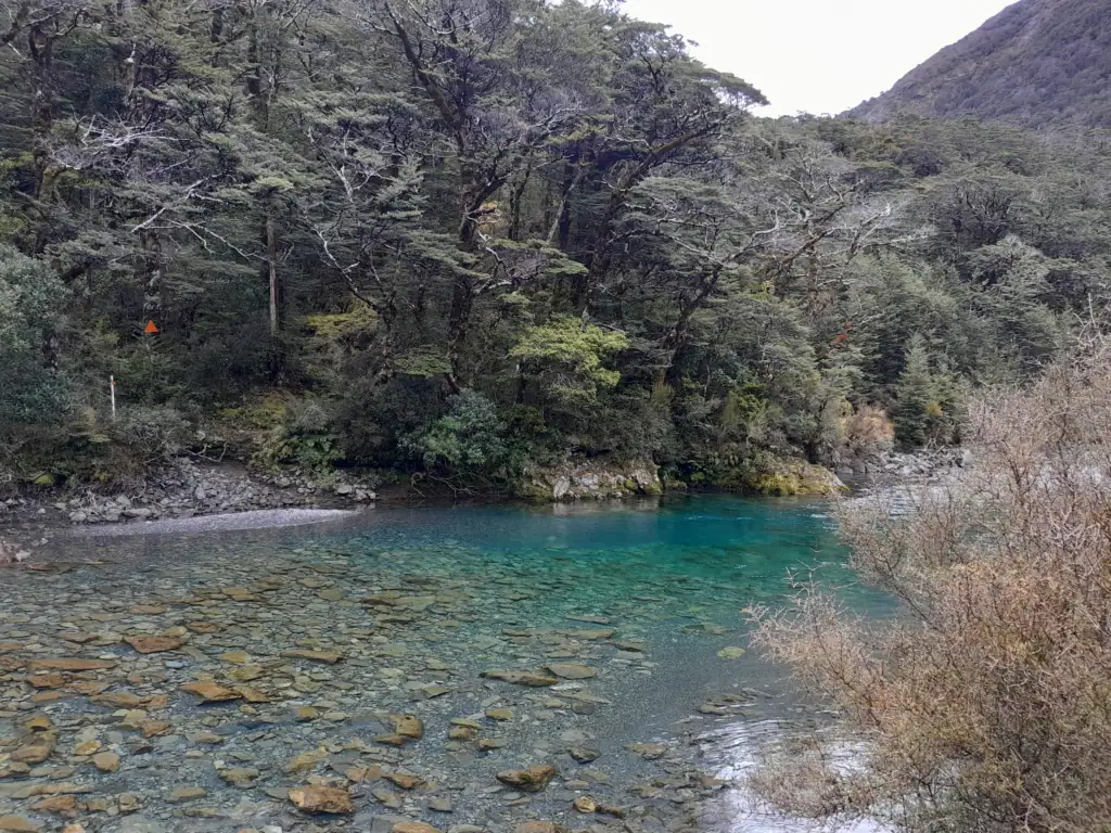 Clear turquoise river pools of Minchin Stream along the route toward Minchin Biv in Canterbury.