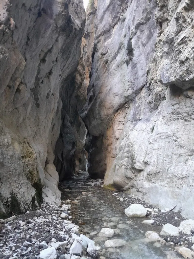 The towering, narrow limestone slot canyon walls of Sawcut Gorge with a rocky creek bed in Isolated Hill Scenic Reserve, Seaward Kaikōura Range