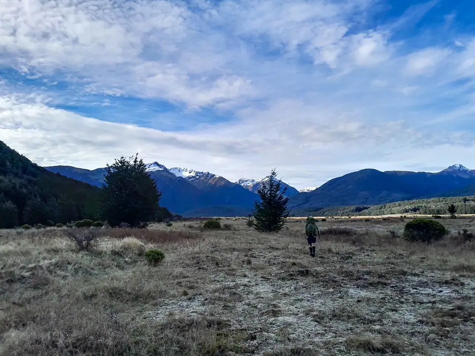 A tramper with a large green backpack hikes across a wide, flat, grassy tussock valley floor toward snow-capped mountains under a blue sky in Poulter Valley. Toards Poulter Hut & Trust/Poulter Hut in Arthur's Pass, Canterbury