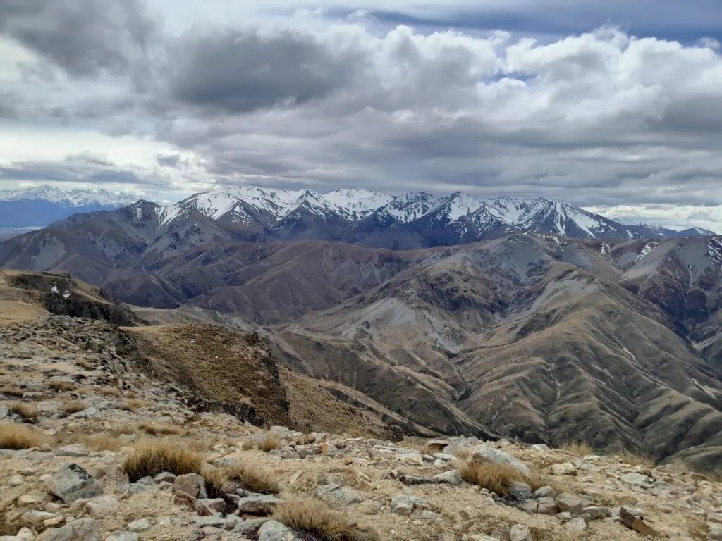 Stunning view of the rugged, snow-dusted Winterslow Range from the Mount Somers summit, Hakatere Conservation Area, Canterbury