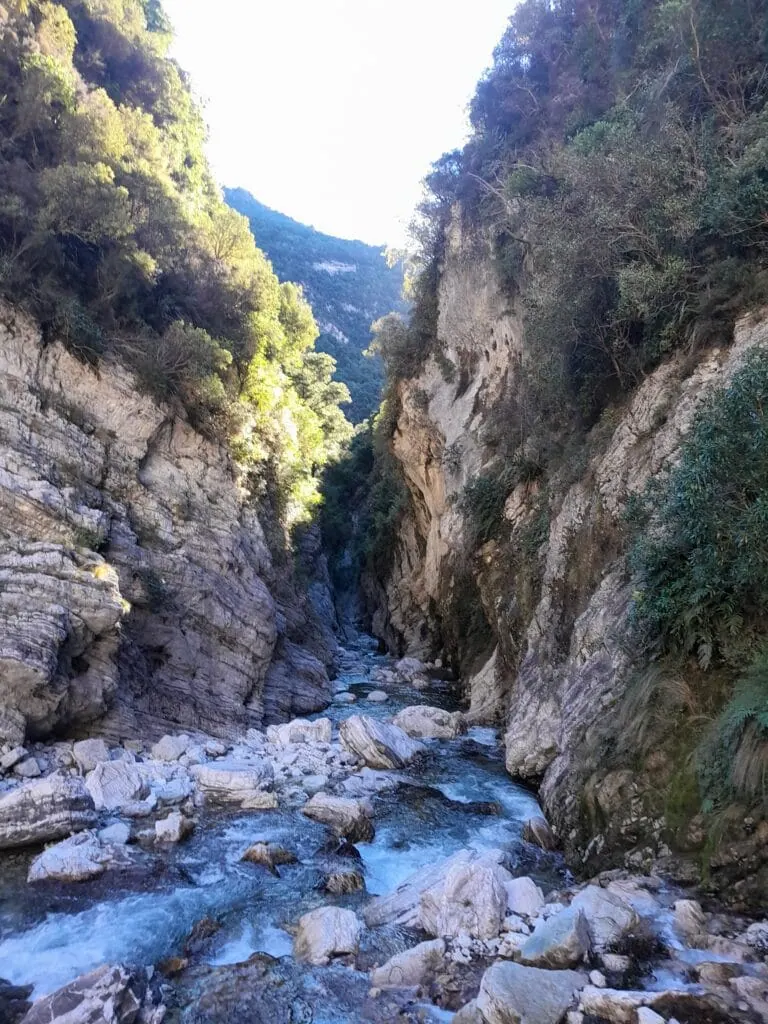 Looking downstream, to the rocky entrance of the Wāima Gorge, framed by steep, bush-covered canyon walls. Located in in Isolated Hill Reserve in the Seaward Kaikōura Range