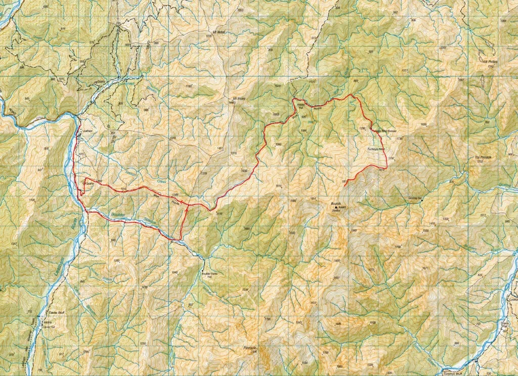 Topographic map displaying the Wye Route tramping circuit to Hidden Hut and Turkey's Nest Bivvy