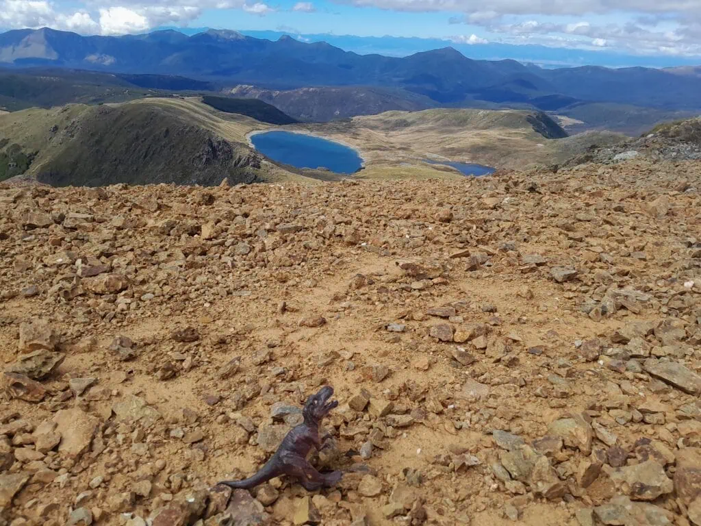 Toy dinosaur sitting on a rocky summit of Iron Hill with Lake Sylvester and Little Lake Sylvester visible in the background in Kahurangi National Park