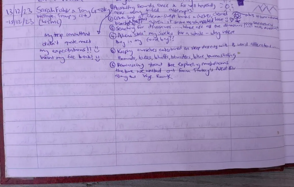 Handwritten logbook entry in the Gosling Hut intentions book detailing a tramping trip attempt up Bounds Peak, Glazebrook Conservation Area, Marlborough