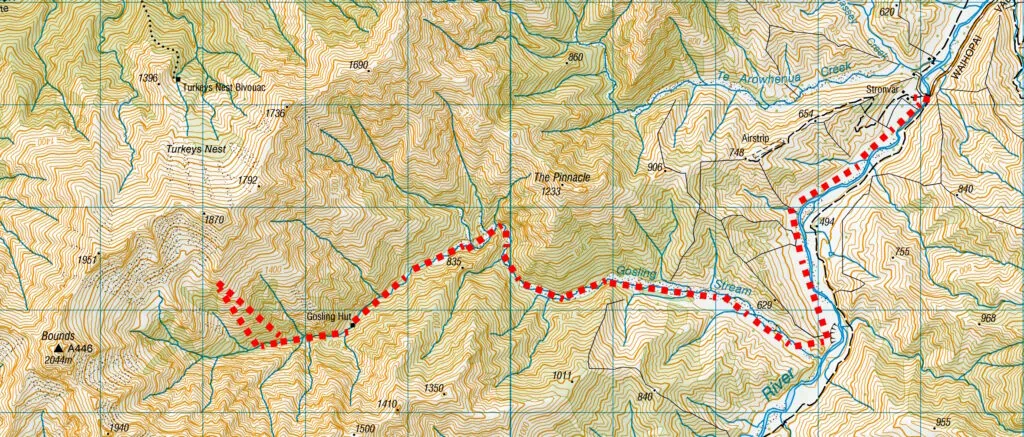 Topographic map showing the tramping route along Gosling Stream from Stronvar Station to Gosling Hut and towards Bounds Peak in the Raglan Range.