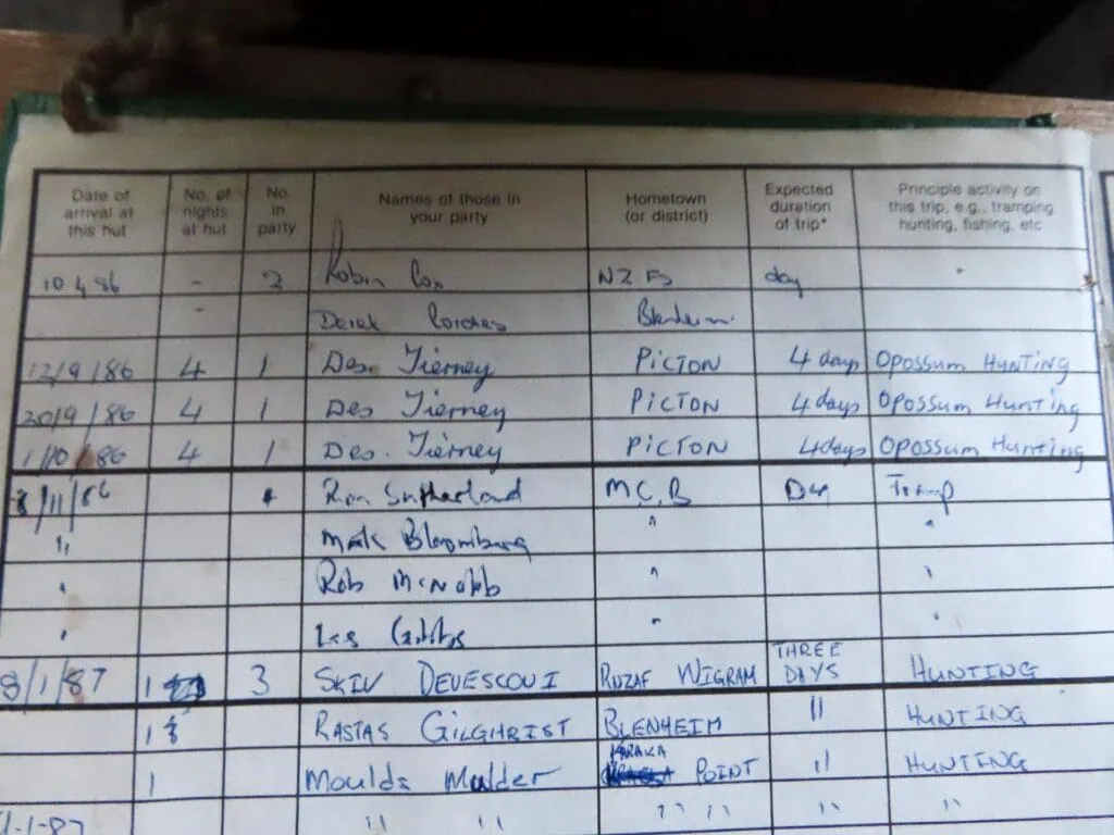 Historic hut book from Hidden Hut showing handwritten entries from trampers staying at a remote New Zealand backcountry hut from 1986