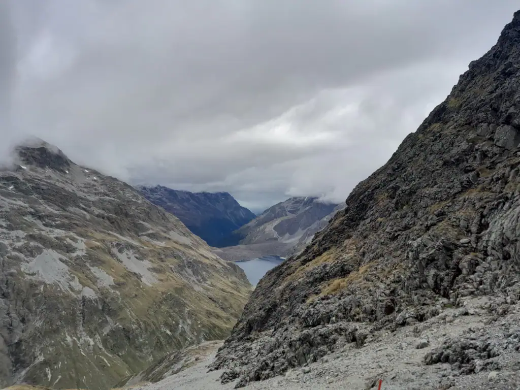 View down the valley toward Lake Constance from the rocky climb to Waiau Pass, Nelson Lakes National Park