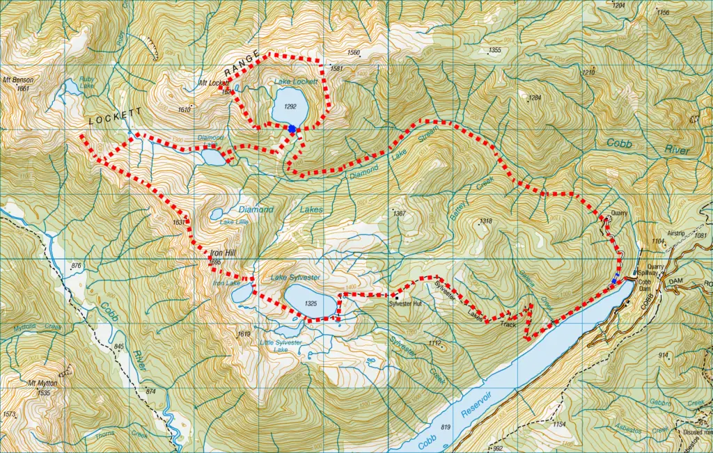 Topographic map showing the 2-day Lake Sylvester & Lake Lockett Loop tramping route in Kahurangi National Park, showing Lake Sylvester, Little Sylvester Lake, Iron Hill, Iron Lake, Ruby Lake, Diamond Lake, and Lake Lockett.