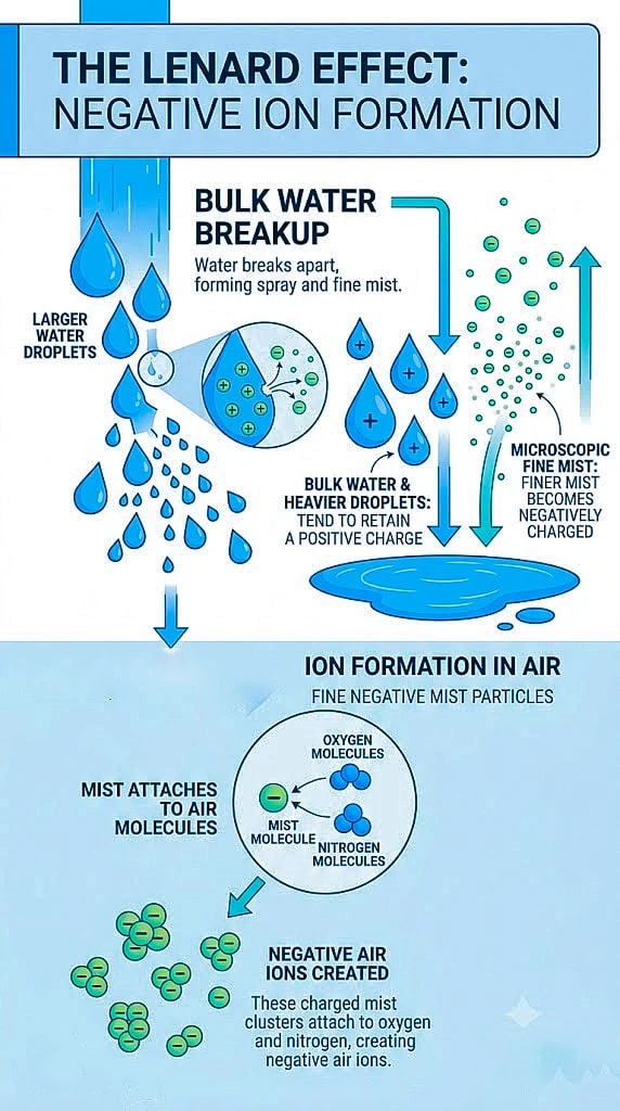A diagram of the Lenard Effect explaining the breakup of water droplets and formation of ions