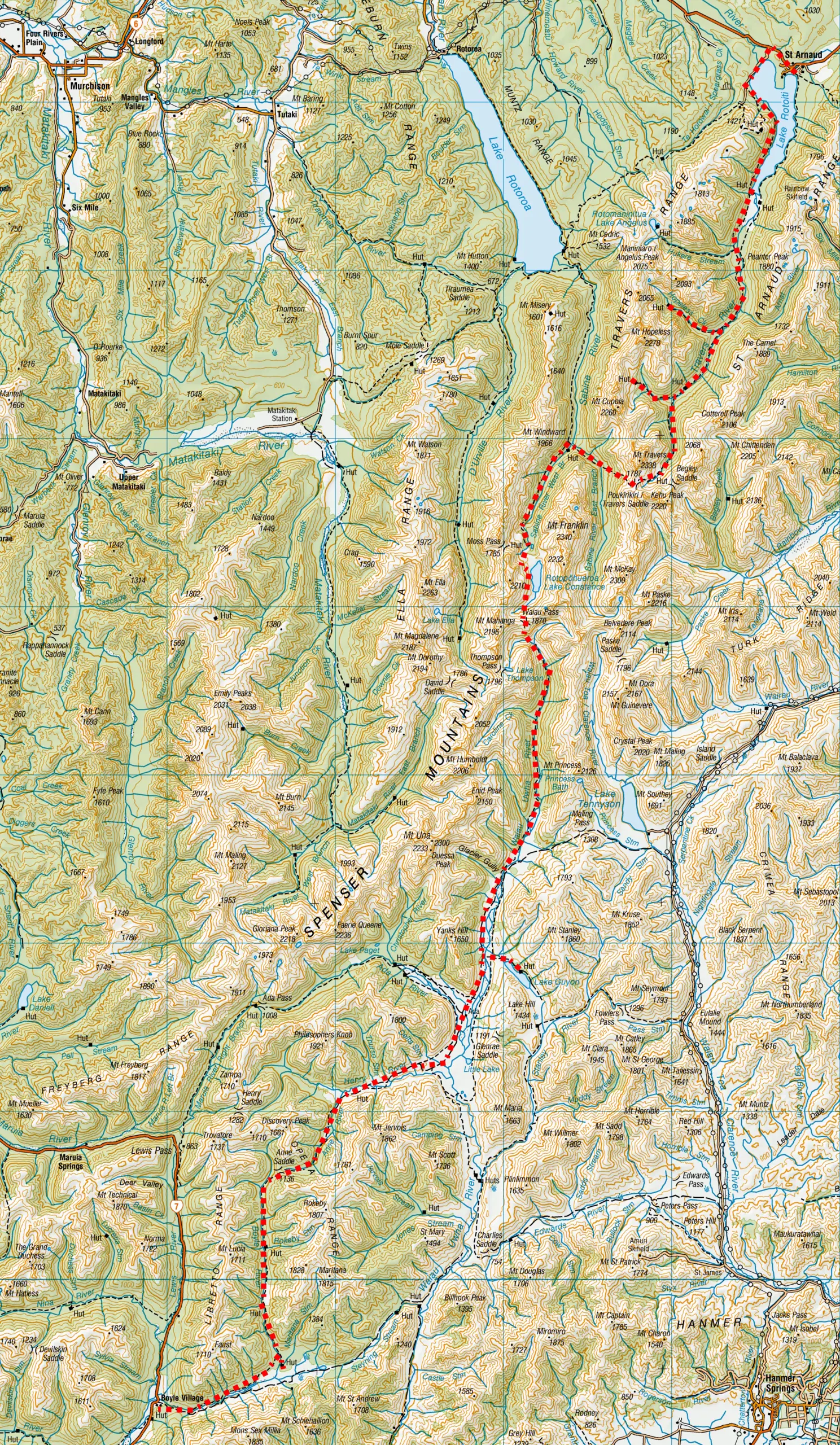 Topographical map showing the route from Boyle Village in Lewis Pass along the St James Track & Waiau Pass Track and over Travers Saddle to St Arnaud in Nelson Lakes National Park. 