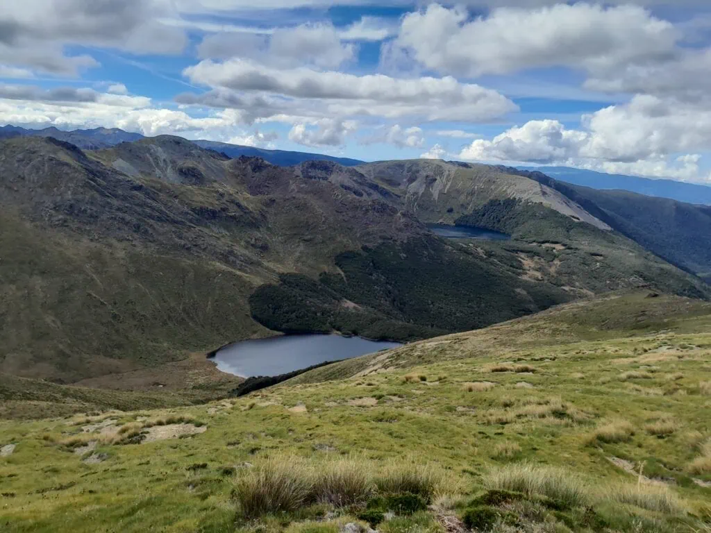 View from high alpine tussock slopes looking down toward Diamond Lake nestled amongst the bush with Lake Lockett and Mt Lockett in the background