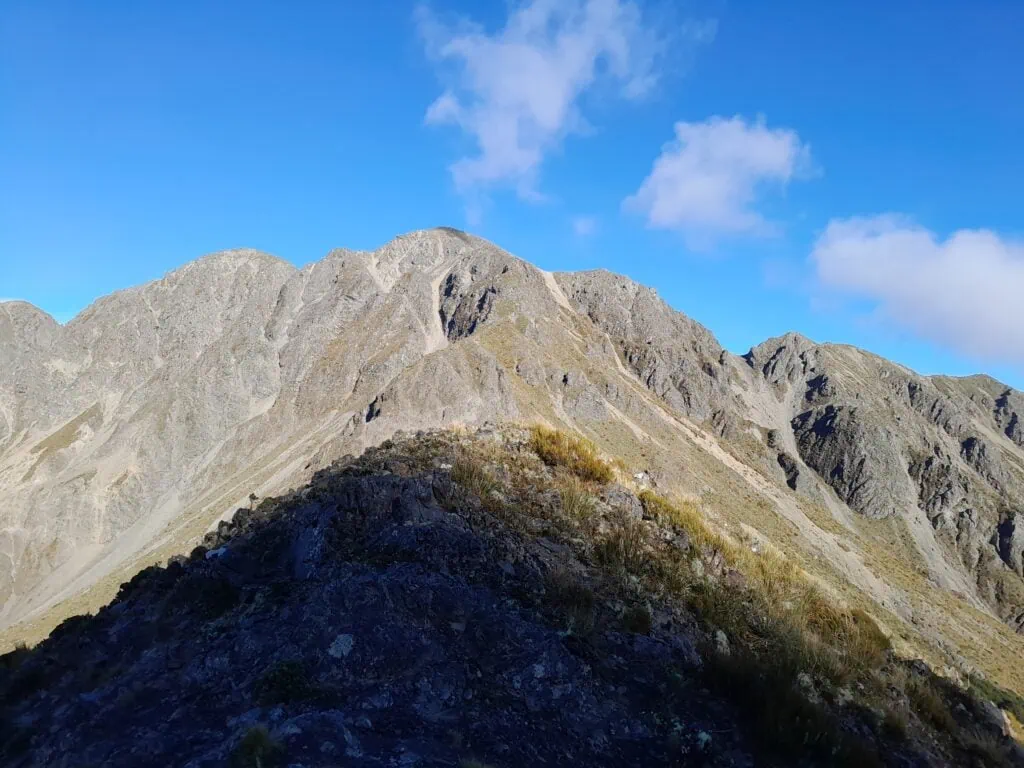 Rocky alpine ridge line leading toward Pt 1588 under a clear blue sky in the Ferny Gair Conservation Area, Marlborough