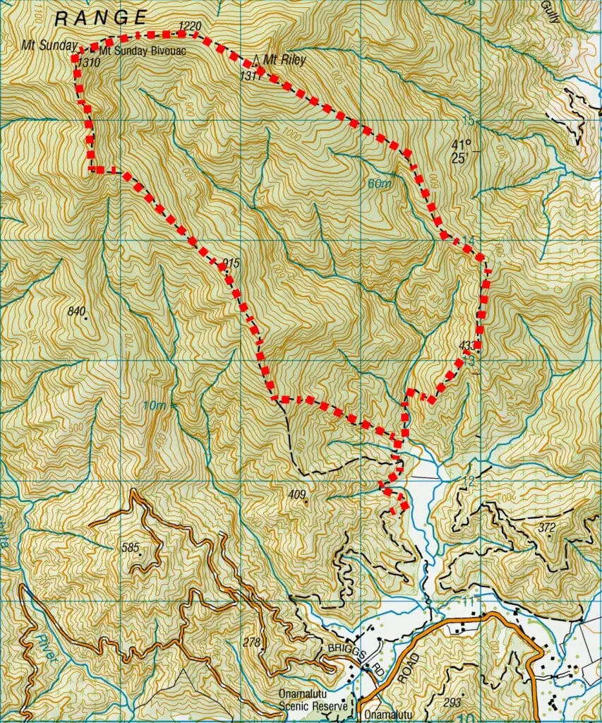 Topographic route map of Mt Sunday and Mt Riley loop track in Mount Richmond Forest Park., Marlborough