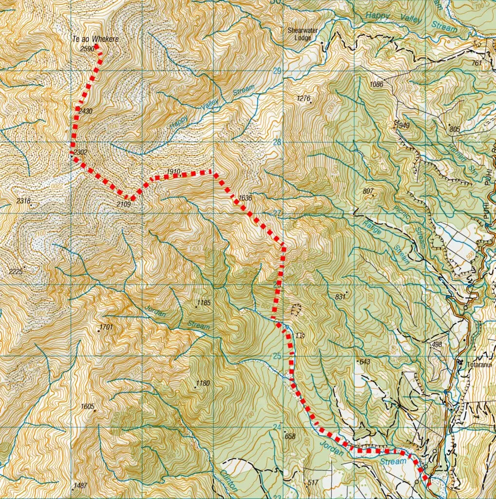 Topographical map showing the route up Jordan Stream to the summit of Te Ao Whekere in the Seaward Kaikōura Range