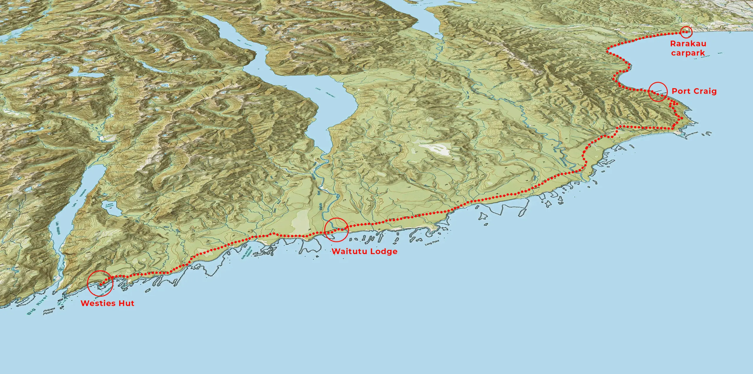 Topo  map showing South Coast Track with route to Westies Hut shown
