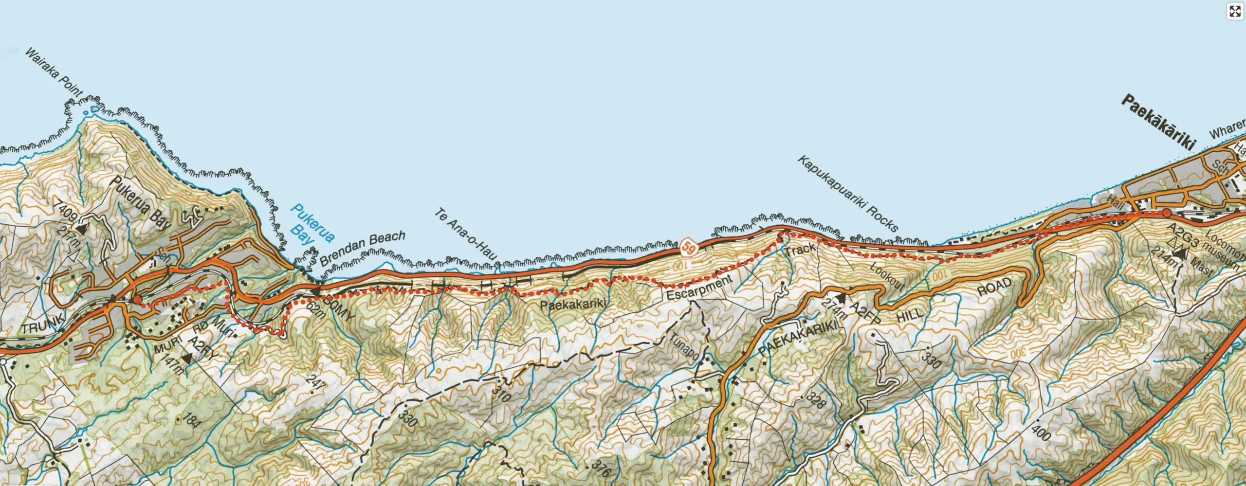 Topo may showing the route of the Escarpment Track between Pukerua Bay and Paekākāriki