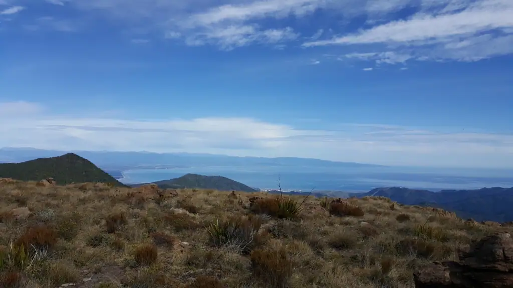 View from the summit of Dun Mountain in the Bryant Range above the Dun Mountain Trail overlooking Nelson City and Tasman Bay, Mt Richmond Forest Park, Nelson