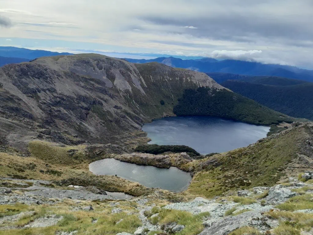 Looking down from Mount Lockett at the dark waters of Lake Lockett and nearby alpine tarns surrounded by native beech forest.