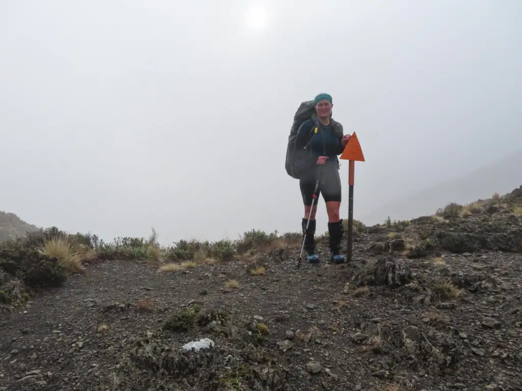 Hiker standing beside an orange route marker at Wye Saddle in misty alpine terrain, Leatham Conservation Area